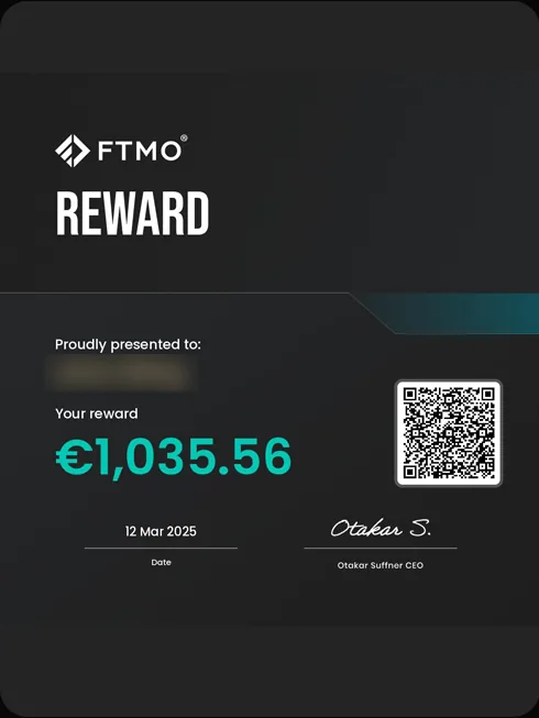 FTMO reward certificate for €1,035.56, recipient name blurred